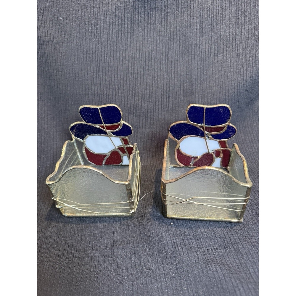 Gold Trimmed Stained Glass Square Snowman Tealight Votive Candle Holder Set